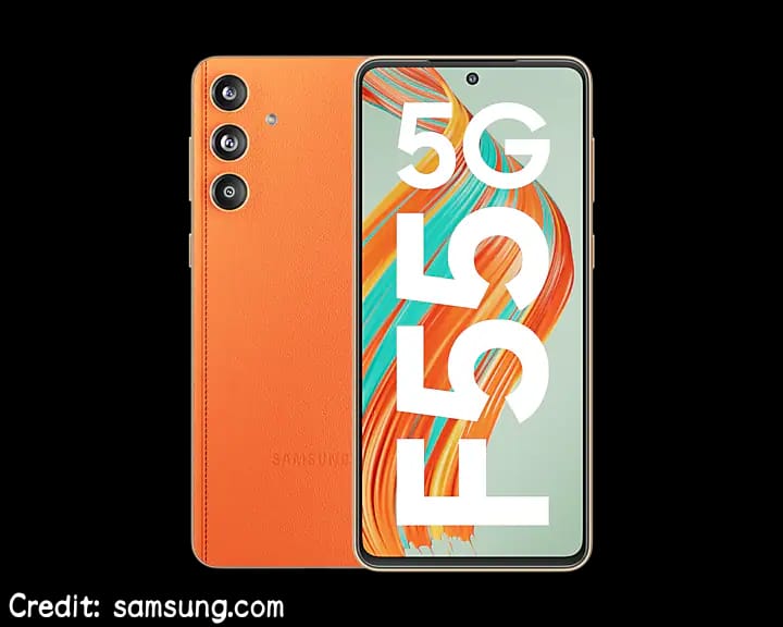 Samsung Galaxy F55 smartphone with Vegan Leather design.